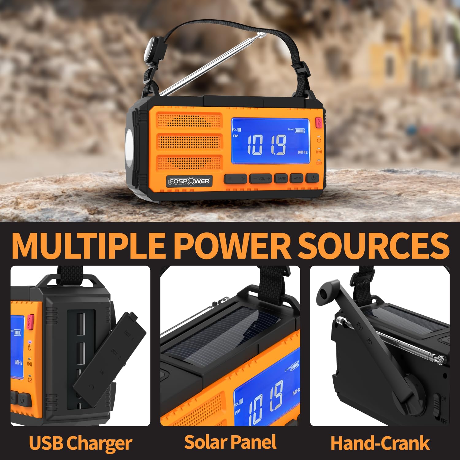 Fospower Emergency Weather Radio (Model D8) Noaa/Am/Fm With 10,000Mah/37000Mwh Portable Power Bank, Usb/Solar/Hand Crank Chargin